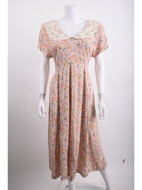 Vintage Expo Petite Womans Dress Size 12P Pastel Floral Midi Lace Collar 90s